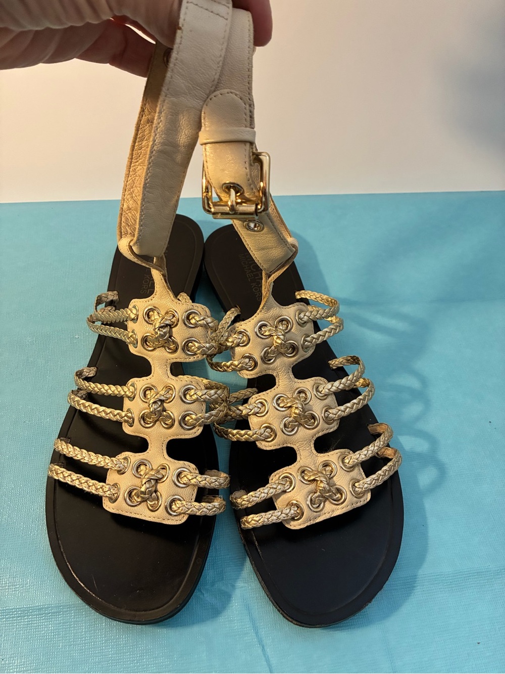 Michael Kors Women's Woven Strappy Sandals Flats Metallic Gold Size 9M